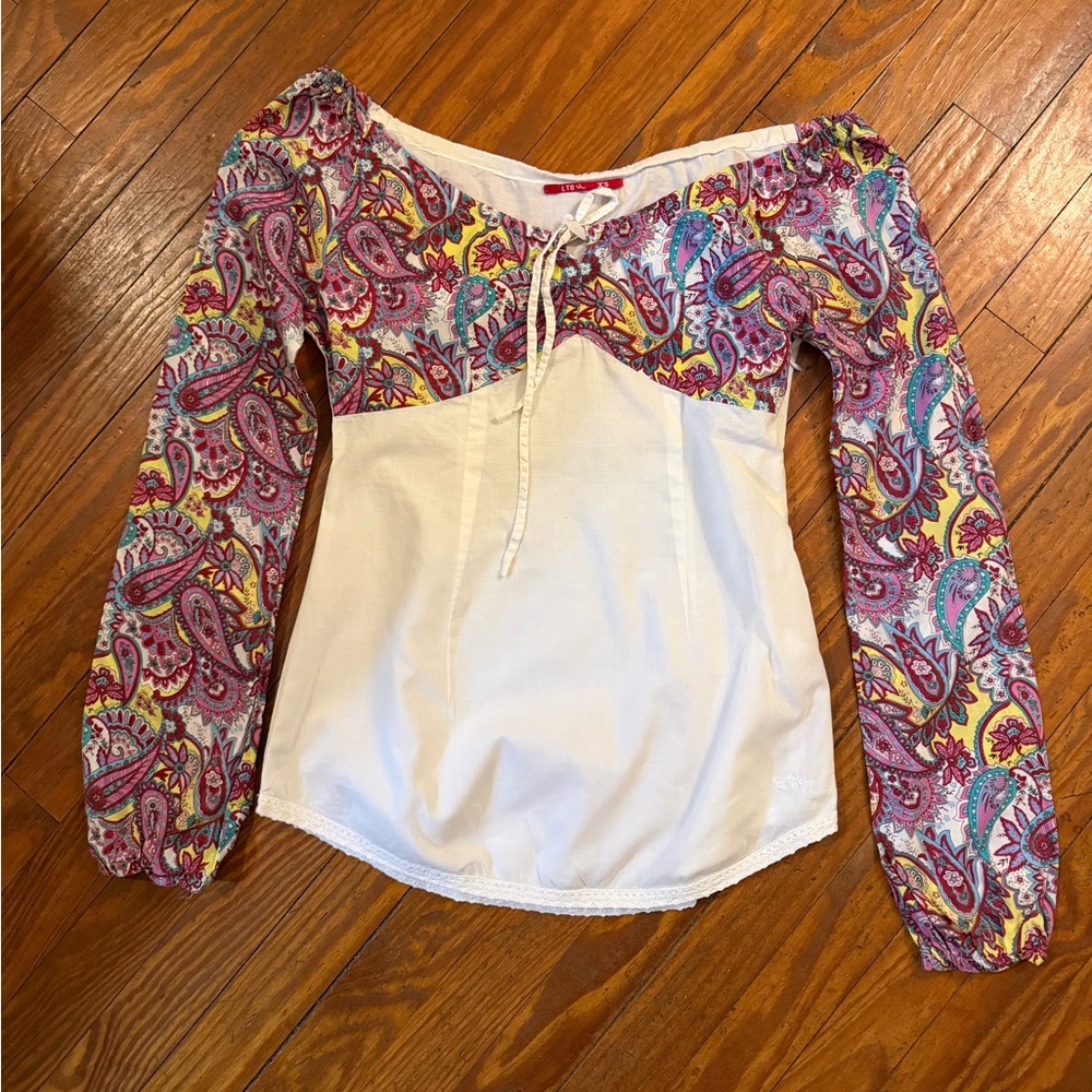 🆕 LTB 100% Cotton V neck  blouse floral motif sleeves